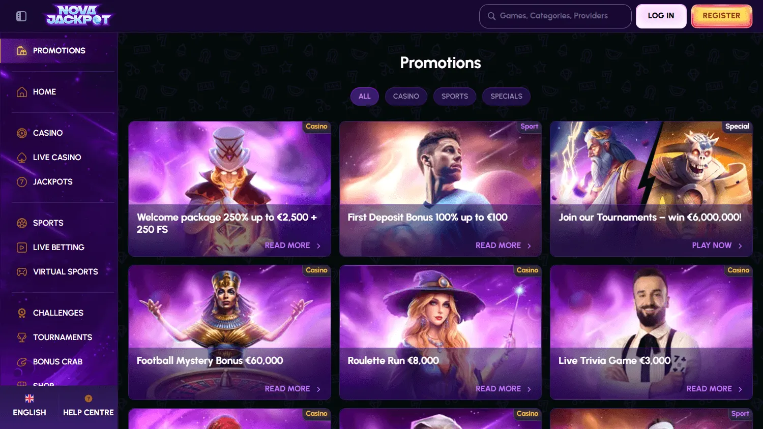 Novajackpot Casino desktop promotions area with welcome and ongoing offers