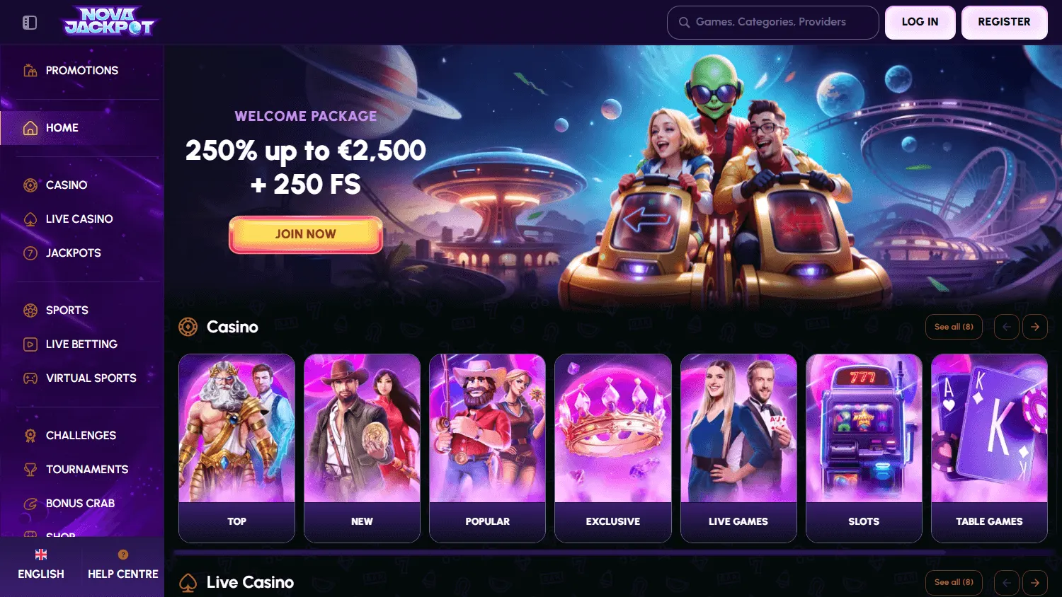 Novajackpot Casino desktop home view with casino, live gaming and sportsbook options