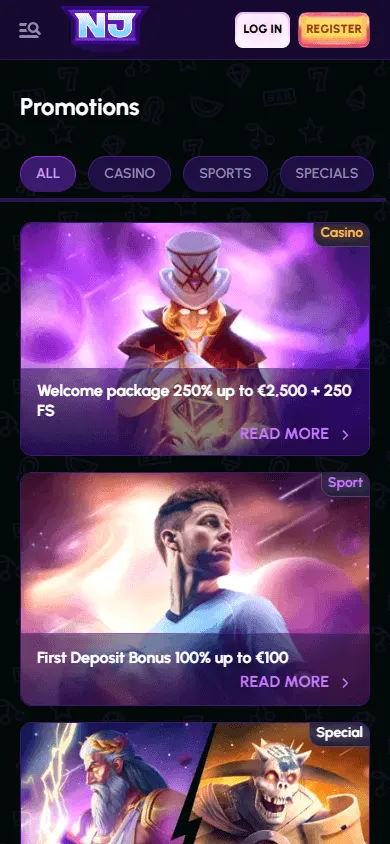 Novajackpot Casino mobile promotions area with casino offers