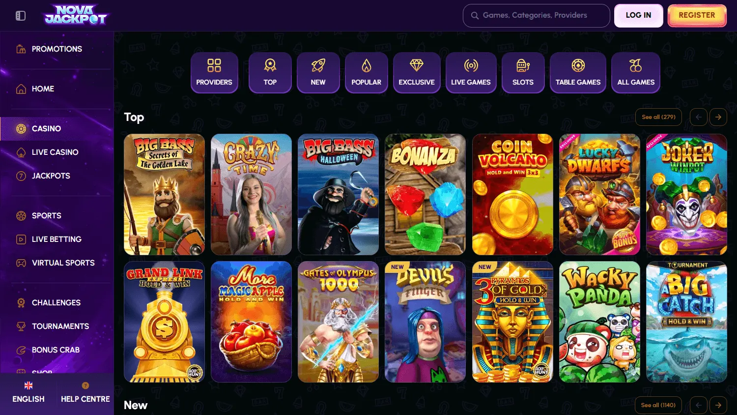 Novajackpot Casino desktop games lobby with casino categories and game filters