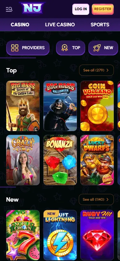 Novajackpot Casino mobile games lobby with categories and filters